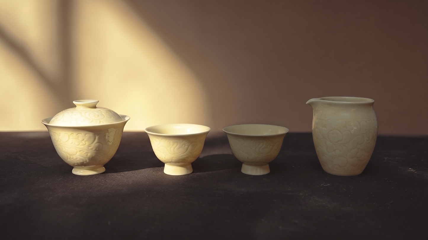 Pale Bloom | Honey Yellow Glaze Floral Relief Tea Set (Gaiwan)