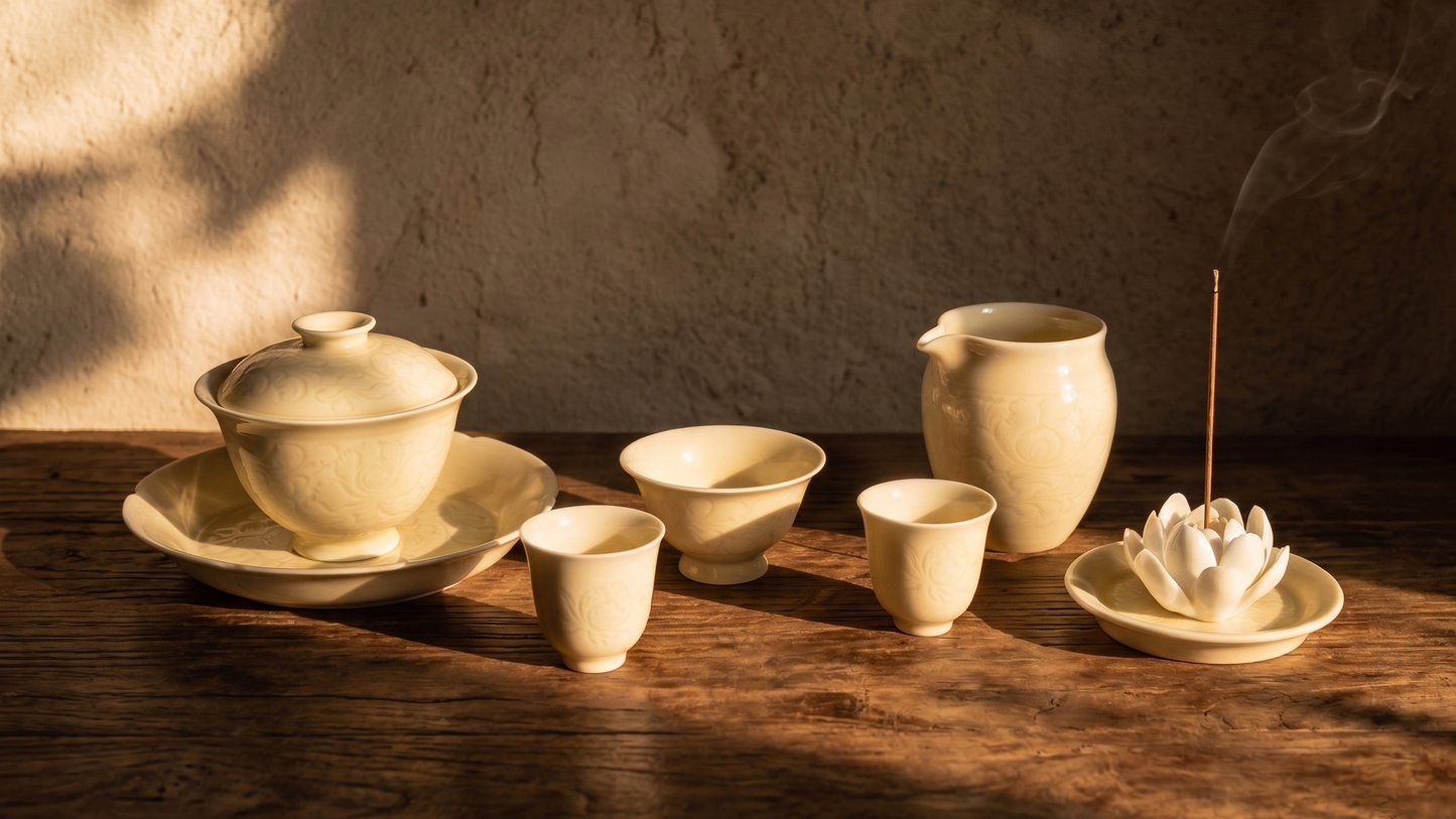 Pale Bloom | Honey Yellow Glaze Floral Relief Tea & Incense Set (Gaiwan)