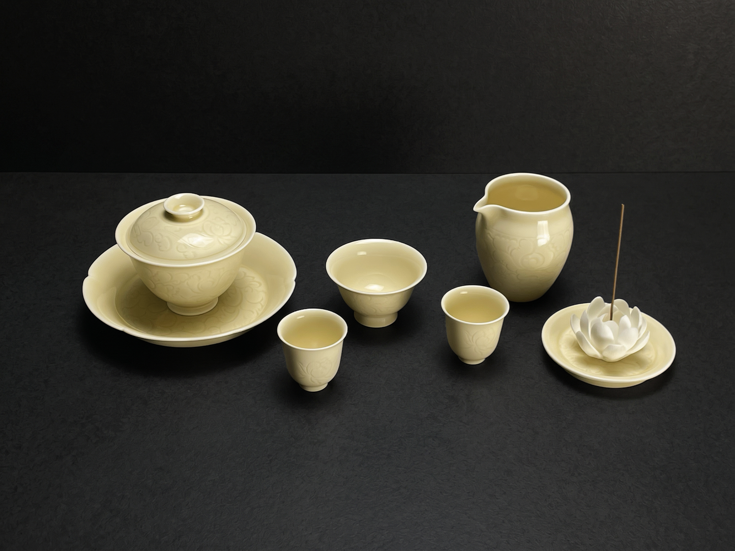 Pale Bloom | Honey Yellow Glaze Floral Relief Tea & Incense Set (Gaiwan)