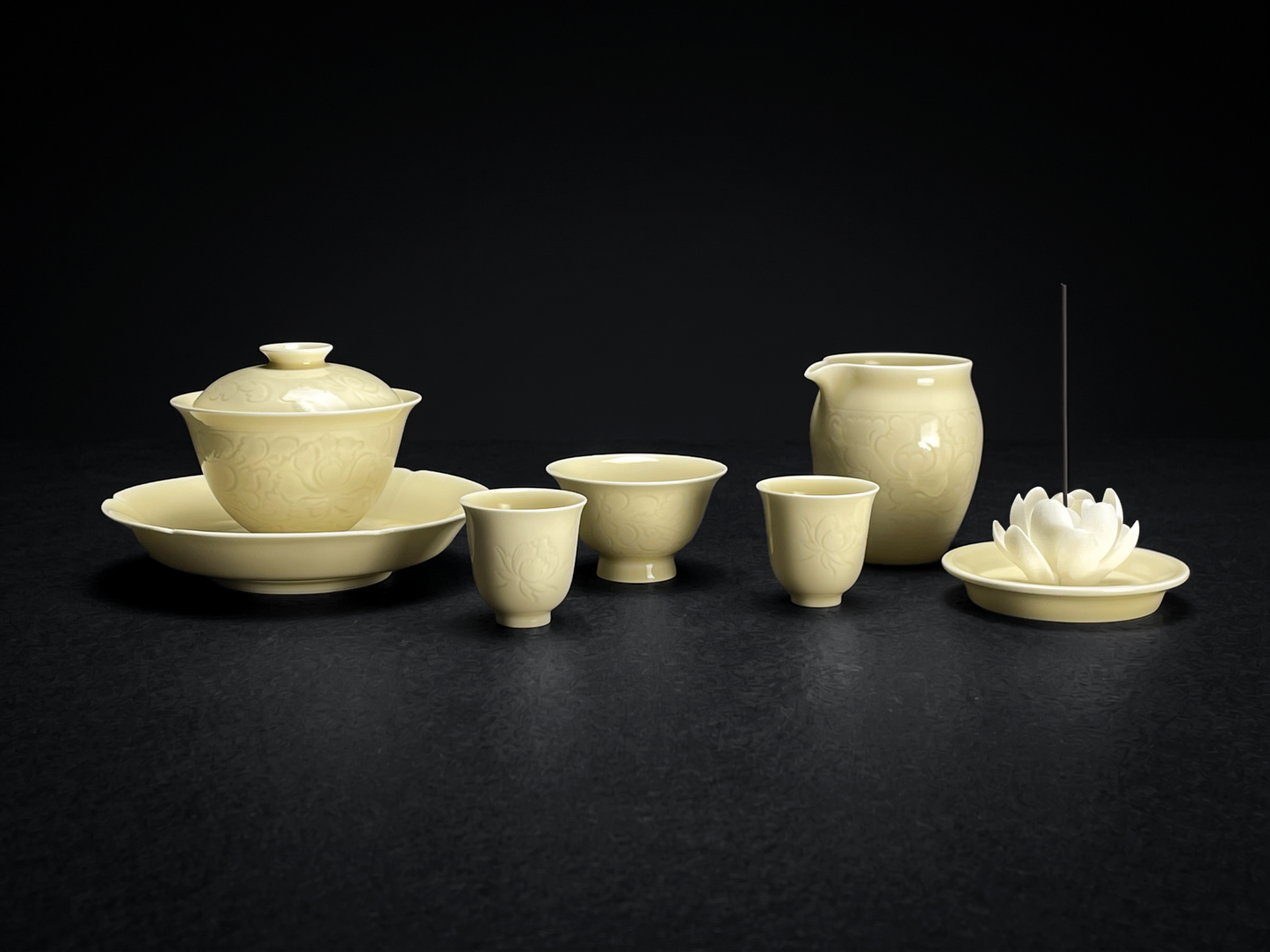 Pale Bloom | Honey Yellow Glaze Floral Relief Tea & Incense Set (Gaiwan)
