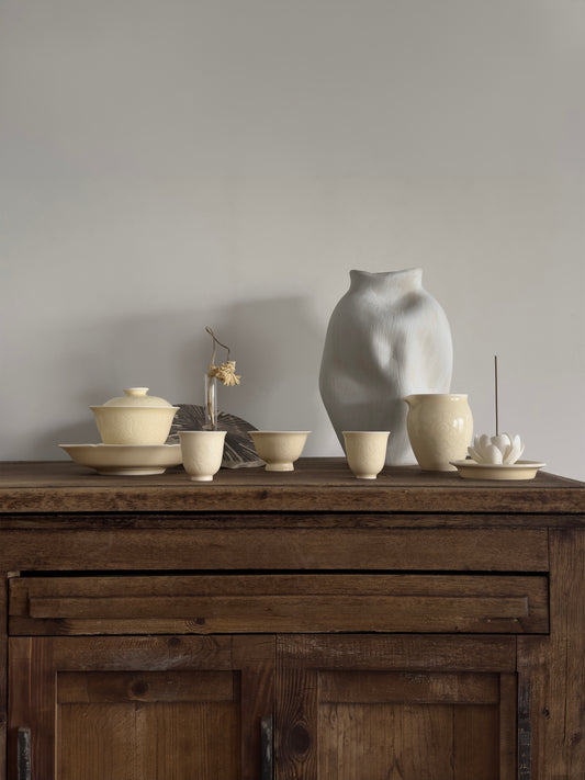 Pale Bloom | Honey Yellow Glaze Floral Relief Tea & Incense Set (Gaiwan)