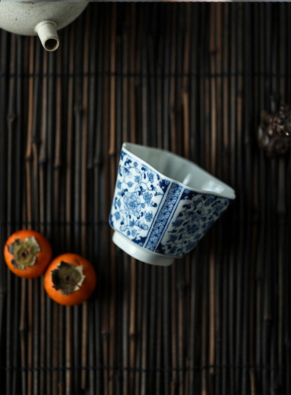 Antique-Style Hand-Painted Wood-Fired Blue & White Square Cup – Interlocking Peony Motif