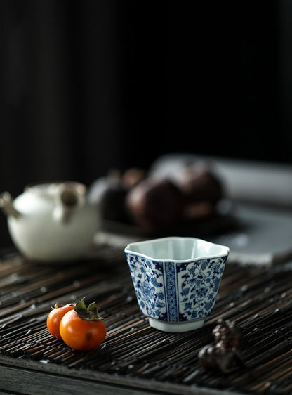 Antique-Style Hand-Painted Wood-Fired Blue & White Square Cup – Interlocking Peony Motif