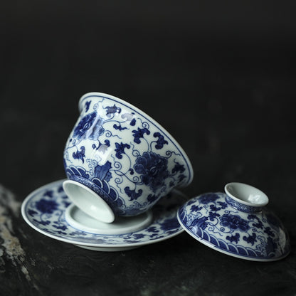 Antique-Style Hand-Painted Blue & White Sancai Gaiwan – Interlocking Peony Motif