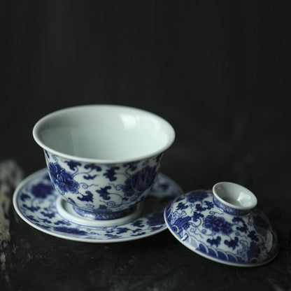 Antique-Style Hand-Painted Blue & White Sancai Gaiwan – Interlocking Peony Motif