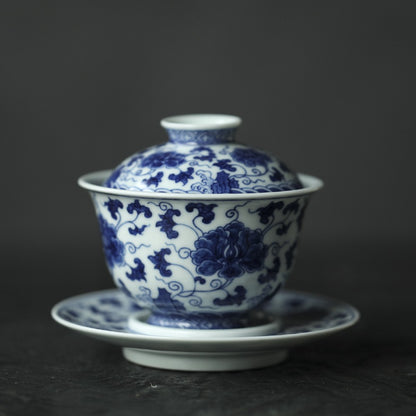 Antique-Style Hand-Painted Blue & White Sancai Gaiwan – Interlocking Peony Motif