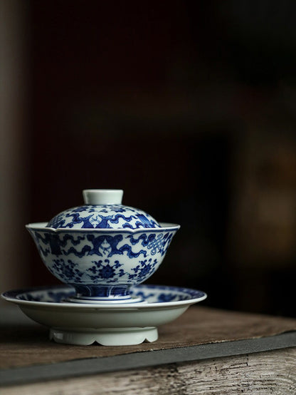 Antique-Style Hand-Painted Wood-Fired Blue & White Sancai Gaiwan – Double Fish & Miscellaneous Treasures Motif