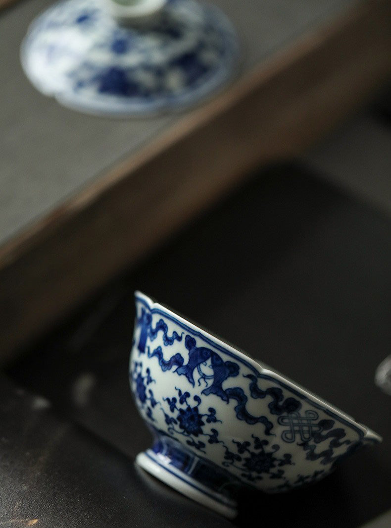 Antique-Style Hand-Painted Wood-Fired Blue & White Sancai Gaiwan – Double Fish & Miscellaneous Treasures Motif