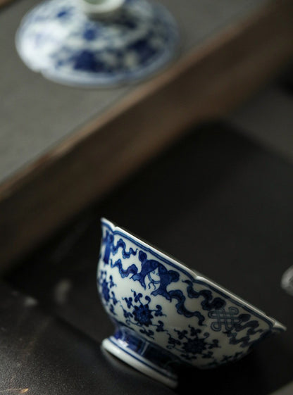 Antique-Style Hand-Painted Wood-Fired Blue & White Sancai Gaiwan – Double Fish & Miscellaneous Treasures Motif