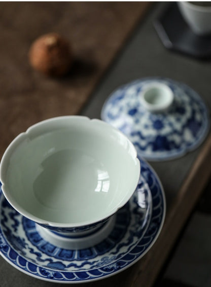Antique-Style Hand-Painted Wood-Fired Blue & White Sancai Gaiwan – Double Fish & Miscellaneous Treasures Motif