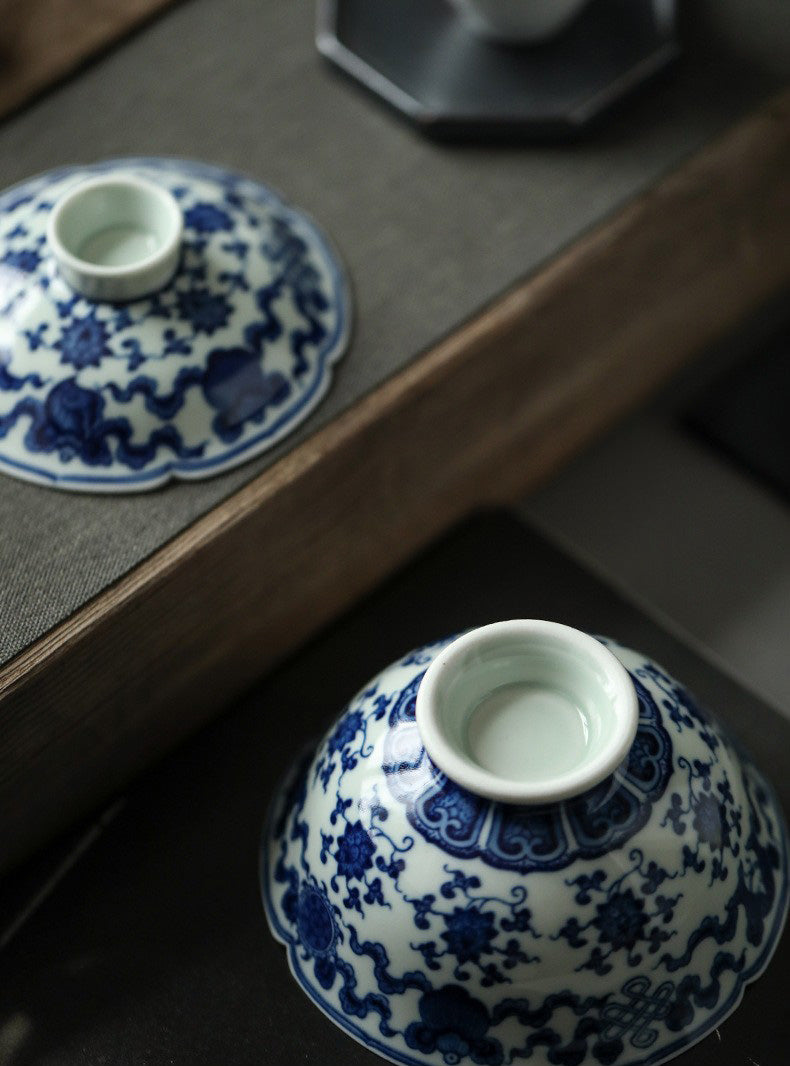 Antique-Style Hand-Painted Wood-Fired Blue & White Sancai Gaiwan – Double Fish & Miscellaneous Treasures Motif