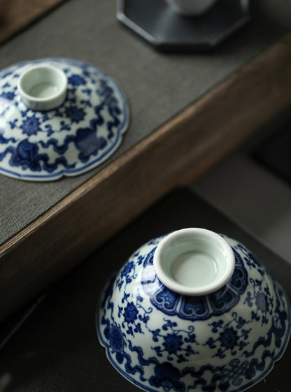 Antique-Style Hand-Painted Wood-Fired Blue & White Sancai Gaiwan – Double Fish & Miscellaneous Treasures Motif