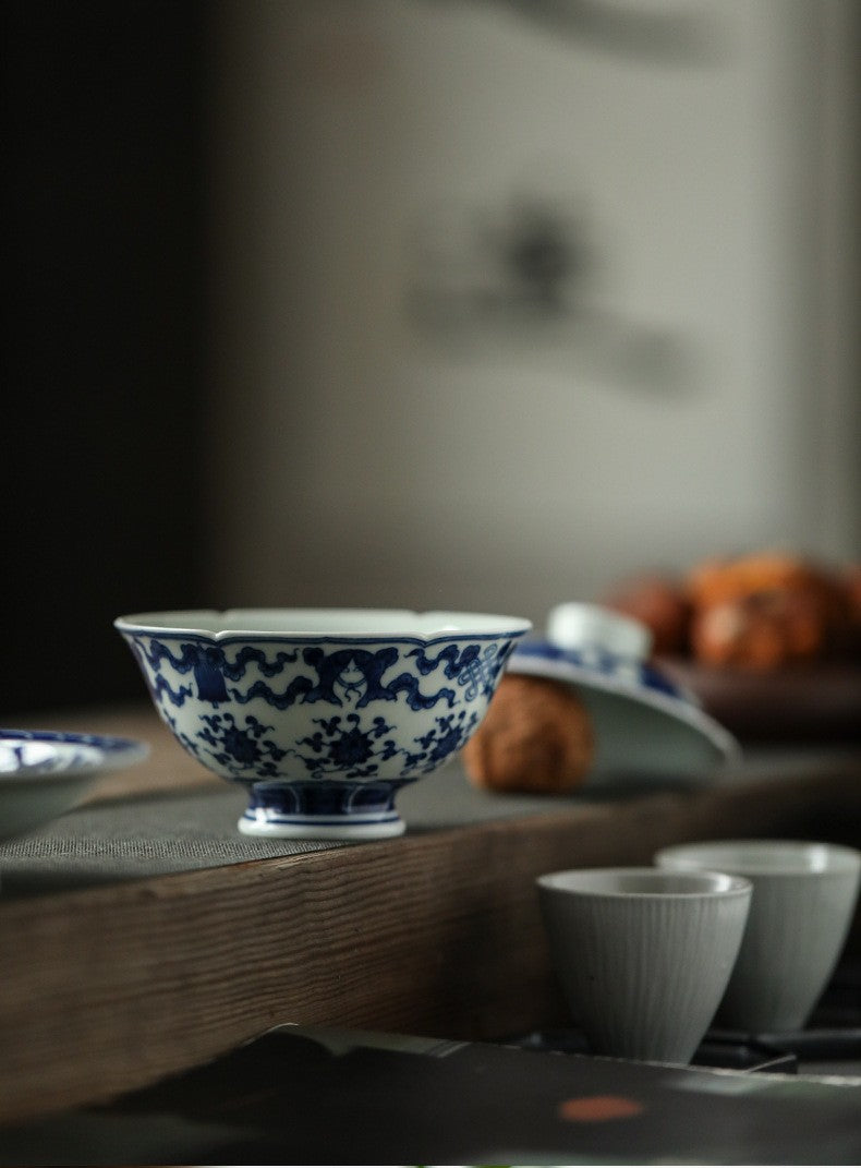 Antique-Style Hand-Painted Wood-Fired Blue & White Sancai Gaiwan – Double Fish & Miscellaneous Treasures Motif