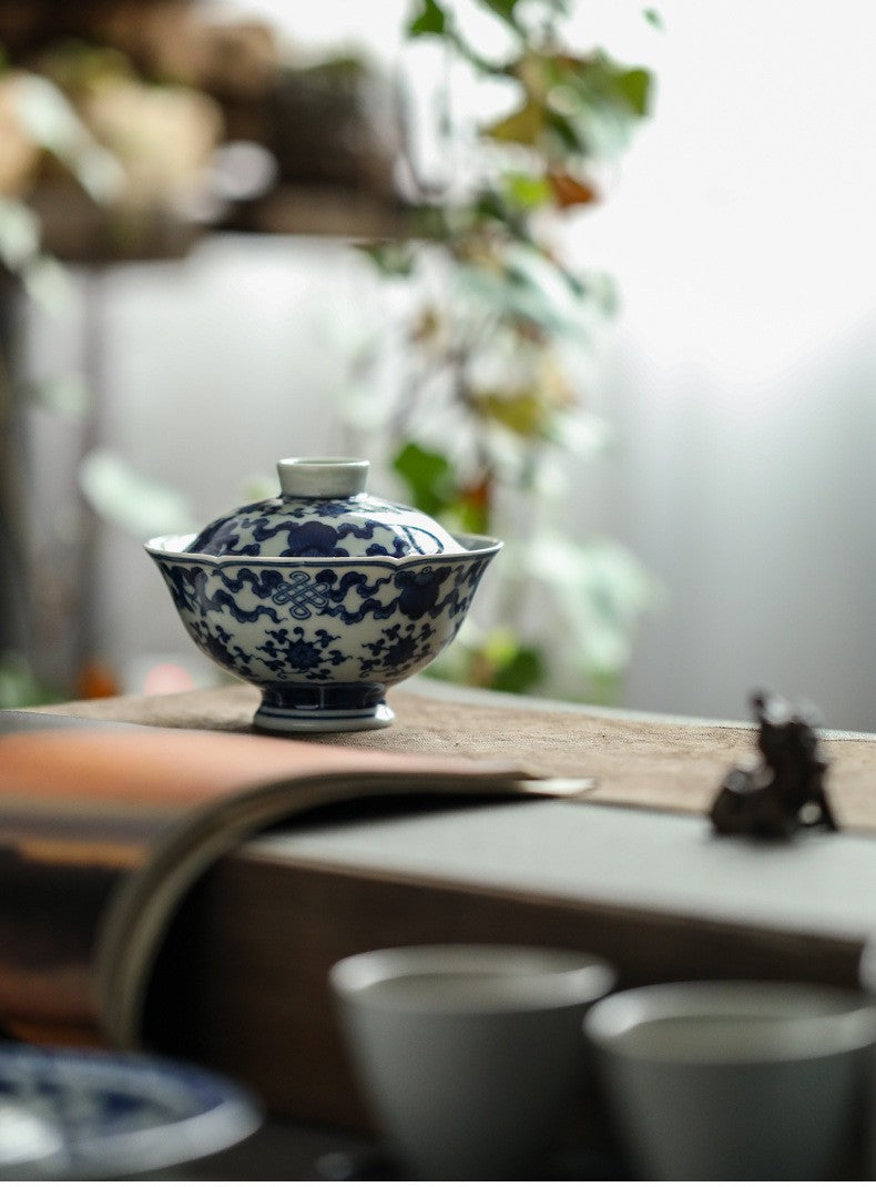 Antique-Style Hand-Painted Wood-Fired Blue & White Sancai Gaiwan – Double Fish & Miscellaneous Treasures Motif
