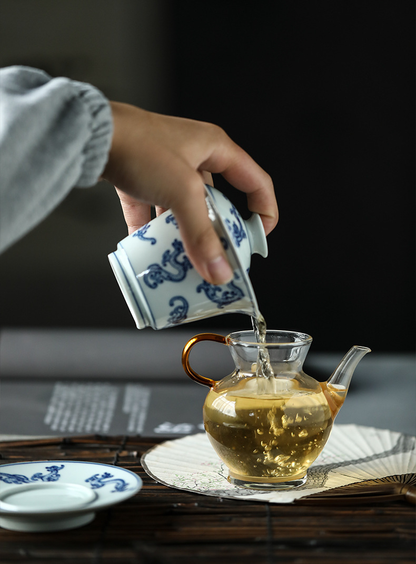 Jingdezhen Antique-Style Hand-Painted Wood-Fired Blue & White Sancai Gaiwan – Stippled Chilong Motif